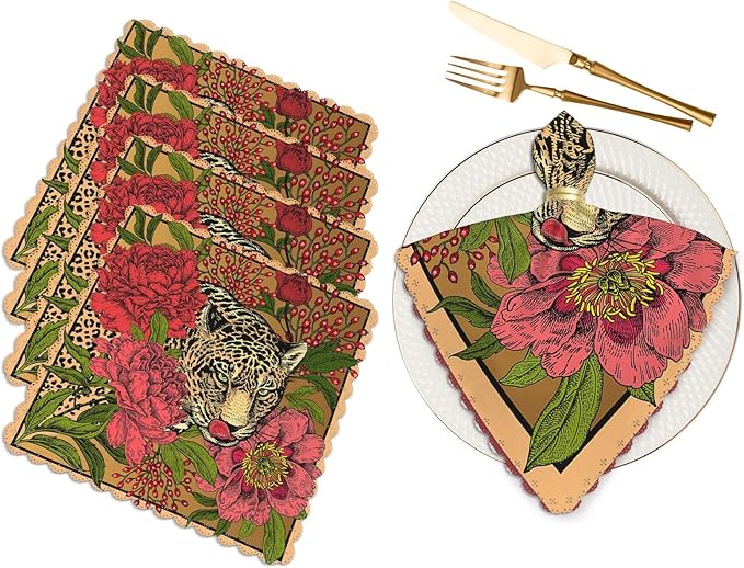 Yibeas Garden Peonies and Wild Leopard Cloth Napkins Set of 4 Vintage Red Floral and Leopard Art Pattern Polyester Kitchen Dinner Napkins for Holiday Festive Wedding Decor 18 x 18 inch