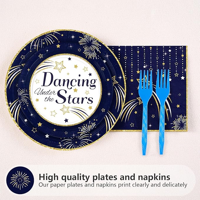 Grencian Dancing Under the Stars Decorations - 96 Pcs Navy Blue Starry Night Party Plates and Napkins Gold Star Disposable Tableware for A Night Under the Stars Birthday Party Decorations Serve 24