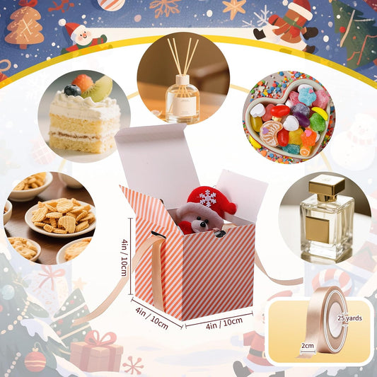 Dispowreath 48 Pcs 4x4x4 Christmas Gift Boxes with Ribbon Xmas Small Box with Lids Treat Boxes for Gift Wrapping Ornaments Wedding Holiday Birthday Party Favor(Stripe)