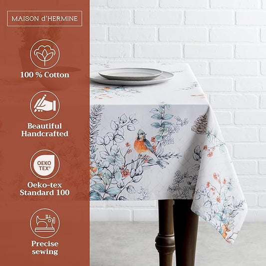 Maison d' Hermine Table Cloth Rectangle Table 100% Cotton 60 x 90 Inches Fall Tablecloth Reusable Everyday Use for Thanksgiving Christmas Decorations Dining Farmhouse Party (Whitish Shabby Chique)