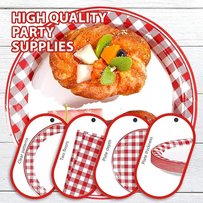 200Pcs Red Gingham Party Supplies Red and White Checkered Buffalo Plaid Plates and Napkins Disposable Gingham Tableware Set for Valentine's Day Picnic BBQ Baby Shower Party Decorations Serves50