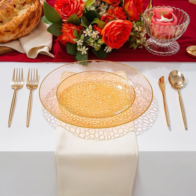 Rubtlamp 60Pcs Orange Plastic Plates, Orange Disposable Plates With Gold Rim, Hammered Plastic Plates Include 30 Dessert Platos, 30 Dinner Platos for Party