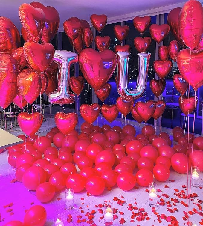 Red Heart Shaped Balloons Silver I LOVE YOU Valentine Balloons for Valentines Day Bridal Shower Wedding Party Decorations