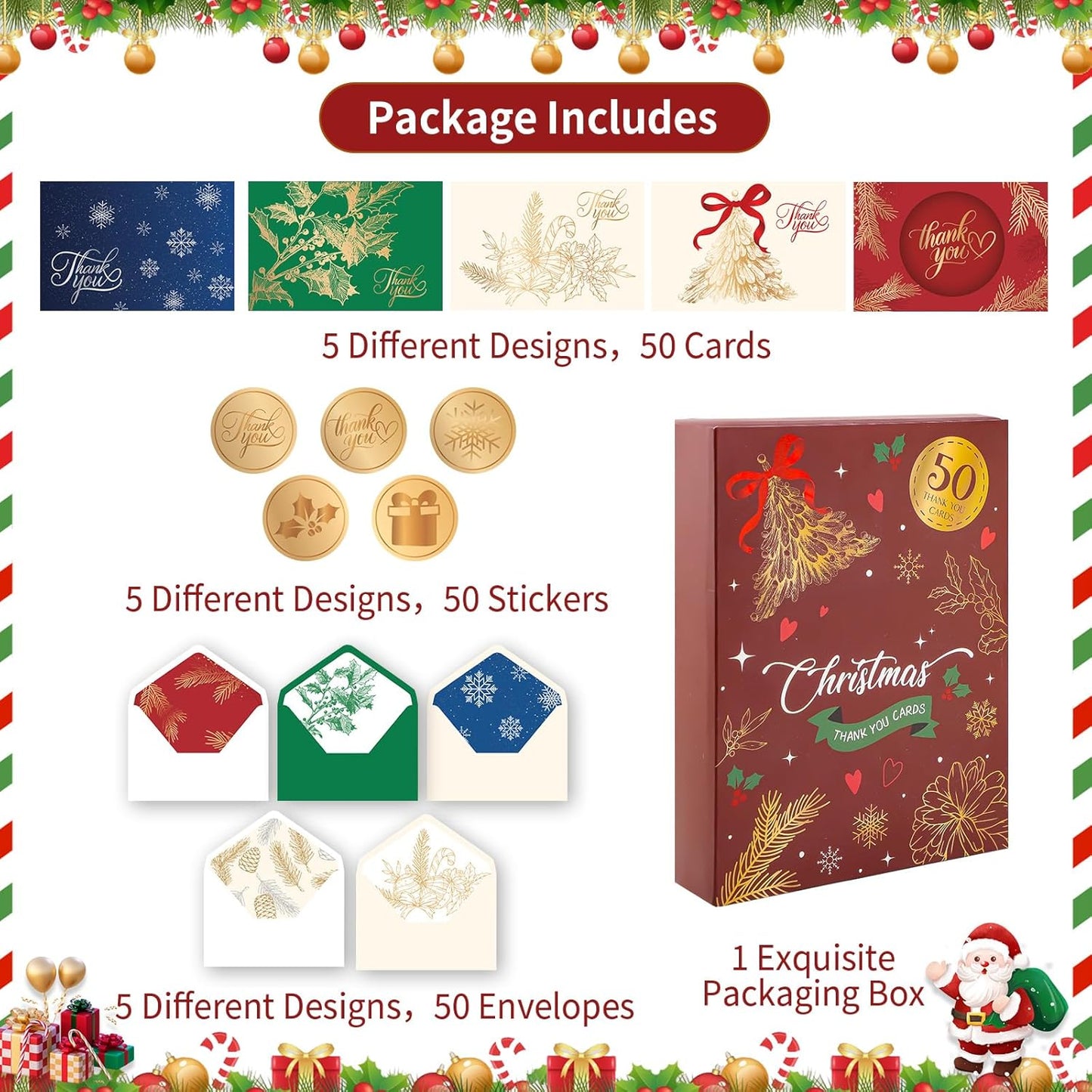 50 Pack Christmas Thank You Cards with Envelopes and Stickers, 5 Designs Foiled Christmas Cards, 4x6 Inch Holiday Thank You Card for Xmas, New Year
