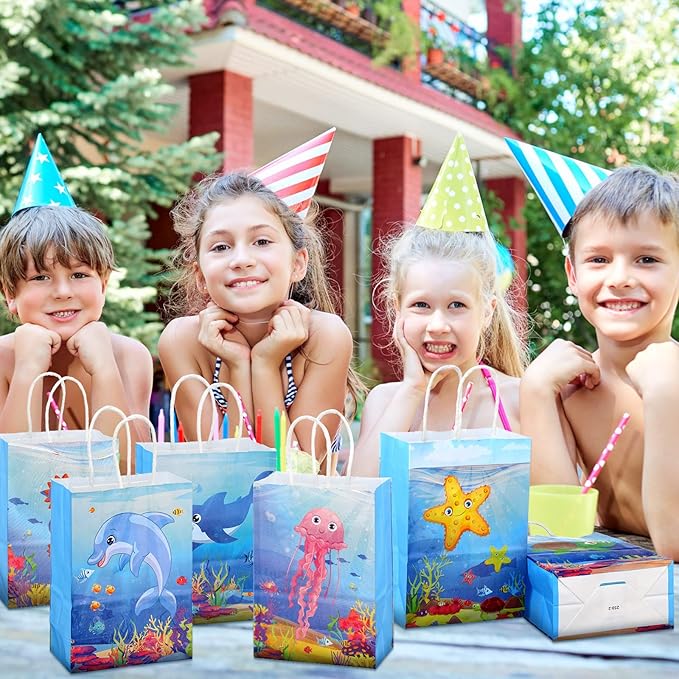 Outus 24 Pcs Under the Sea Party Favor Bags Goodie Ocean Gift Paper Bags with Handles Sea Animal Candy Treat Pouch for Summer Ocean Birthday Party Decorations Baby Shower Supplies