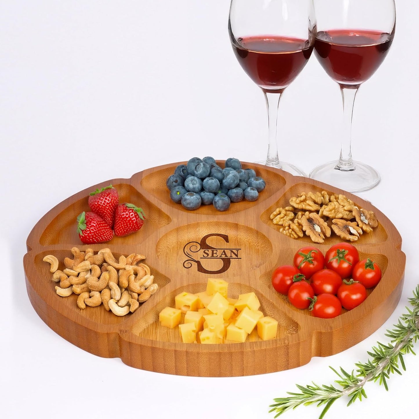 Custom Engraved Bamboo 9" Serving Tray – Personalized 7-Divided Flower Petal Platter, Perfect for Snacks, Appetizers, Charcuterie, Parties, Weddings, Housewarming, and Entertaining Gifts