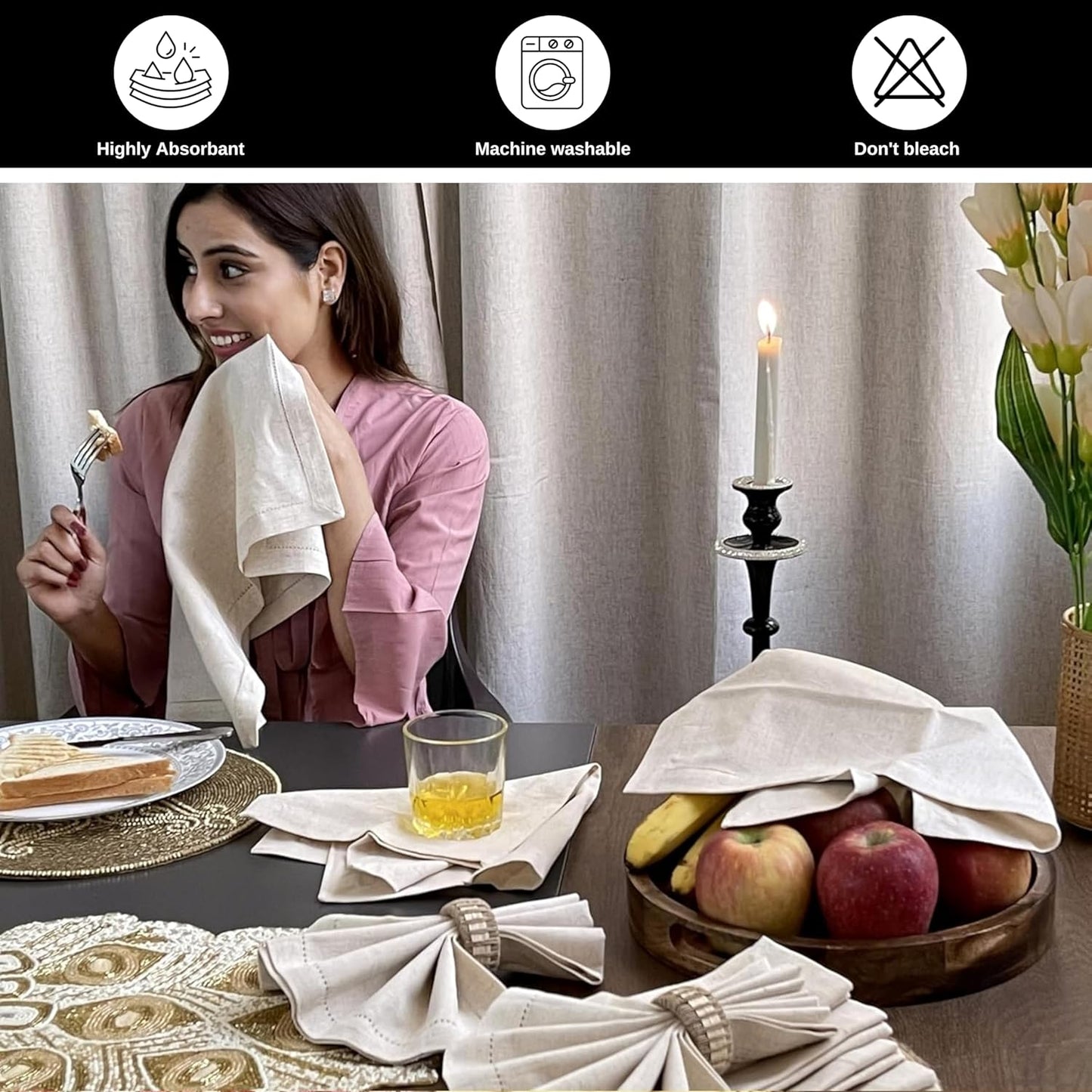Bedding Craft Linen Flax Cotton Cloth Napkins 18x18 Set of 24 – Natural Hemstitched Corners – Machine Washable Fabric Napkins for Dinner, Weddings, Baby Showers & Everyday Table Settings