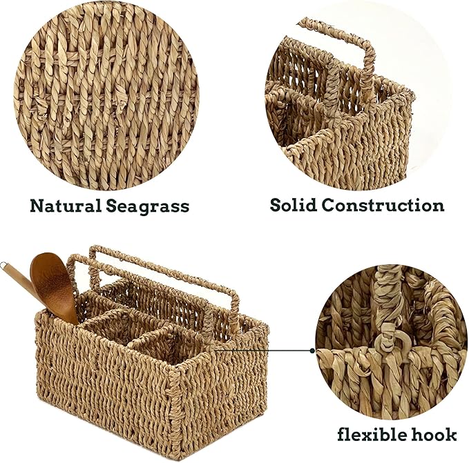 PEMAR Large L-Sized Hand Woven Utensil Caddy Carrier, Natural Jute Wicker Condiment Holder for Table, Kitchen Set Counter Top Silverware Organizer, Rustic Storage Forks, Spoons (Seagrass)