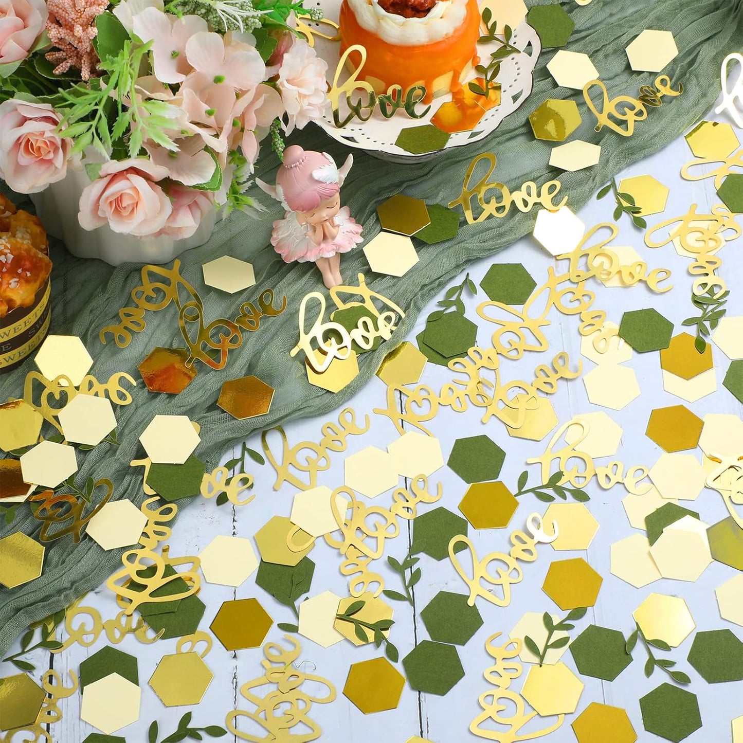400 Pcs Greenery Wedding Table Confetti Decorations, Sage Olive Green Confetti Table Scatter Dots with Eucalyptus and Gold Love Confetti for Bridal Shower Wedding Decor(Wedding Style)