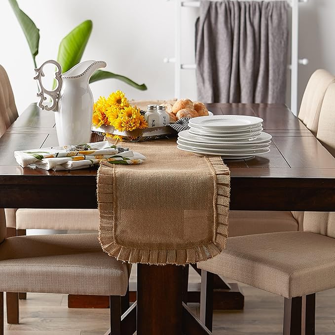 DII Jute Burlap Collection Kitchen Tabletop, Table Runner, 14x72, Ruffle Trim Natural