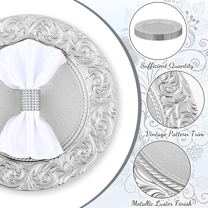 Uiifan 12 Pcs Antique Charger Plates Bulk 13'' Plastic Plate Chargers Decorative Embossed Rim Round Plates for Wedding Party Event Dinner Kitchen Table Setting Decoration (Silver)