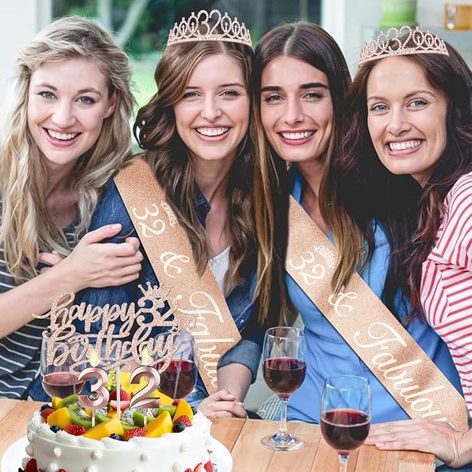 32 Birthday Decorations for Women, Including 32nd Birthday Sash and Tiara, Cake Topper and Candles, Number Balloons, 32 Year Old Gifts for Women