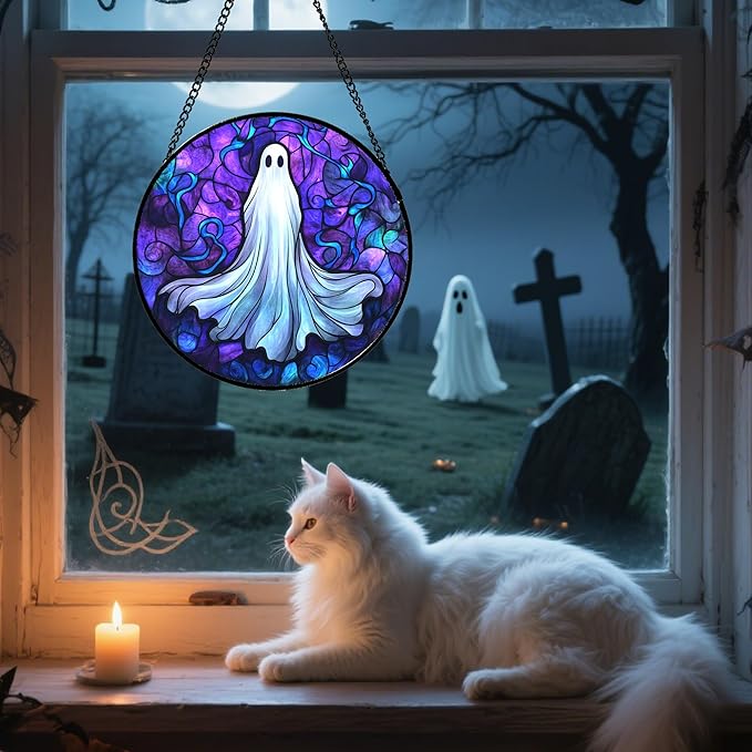 Stained Glass Window Hanging - Halloween Decoration Fantasy Ghost Suncatcher for Door Garden Spooky Blue Purple Sun Catchers Gothic Decor Horror Gifts for Women Men Friend Boy Girl 11.8 in