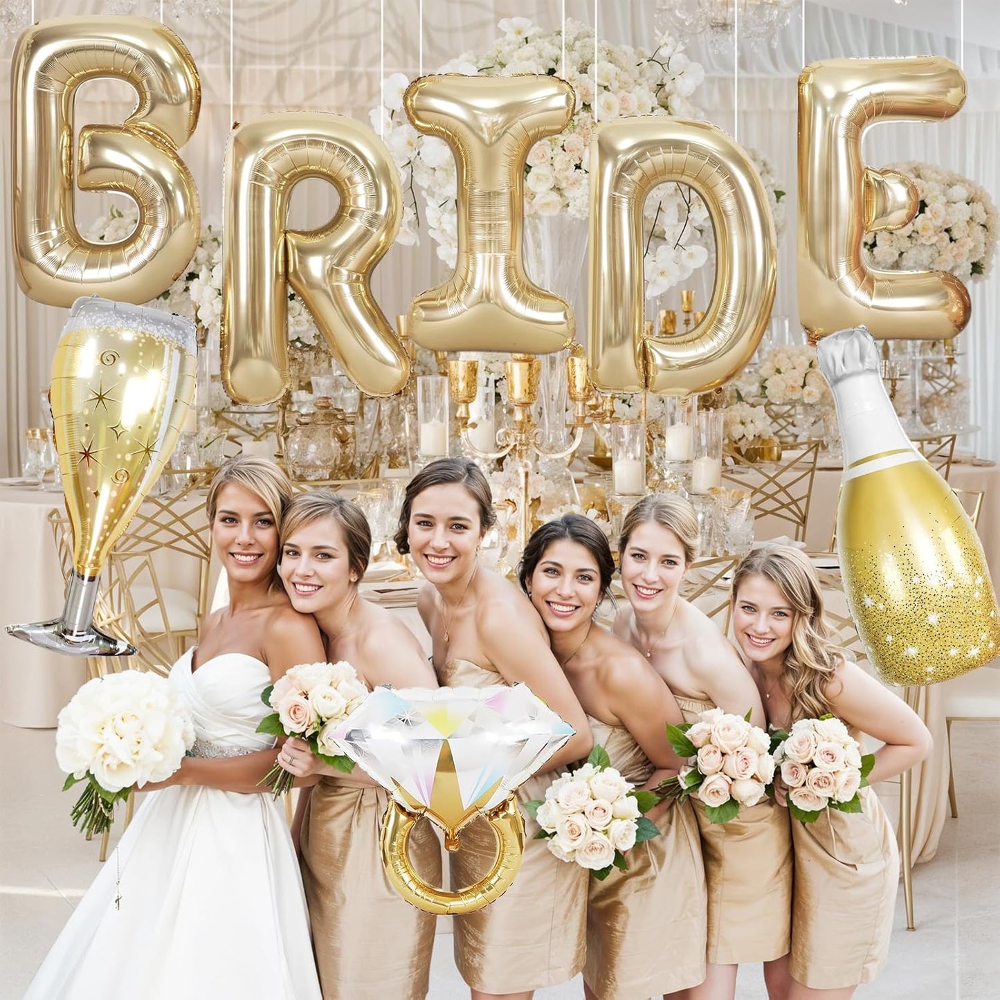 40inch Bride Balloons Light Gold Letters Banner, Bachelorette Party Decoration Set with Diamond Ring Champagne Bottle Balloon Glass Foil Balloon for Bachelorette Engagement Wedding Bridal Shower Decor