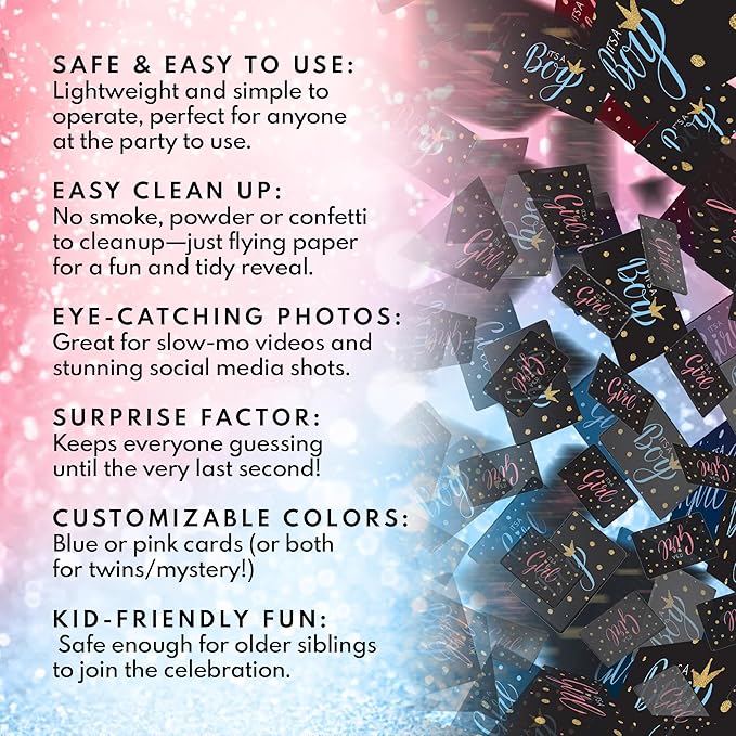 Gender Reveal Confetti Card Gun – “It’s a Boy” or “It’s a Girl” Cards Launcher – Fun Gender Reveal Party Prop, Baby Shower Supplies for Team Pink or Blue – Boy or Girl Announcement Blaster