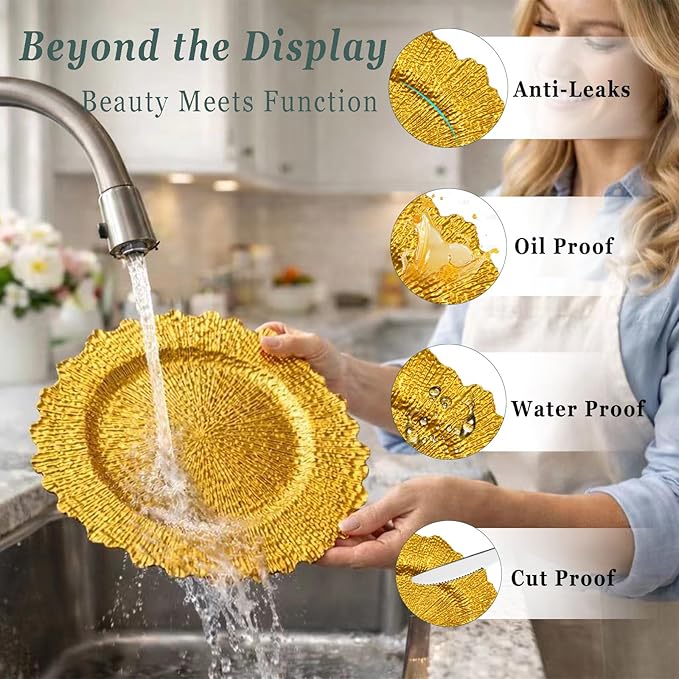 Gold Charger Plates Set of 15/50, Reef Plate Chargers for Dinner Plate, Round Plastic Table Chargers for Thanksgiving, Christmas (15)