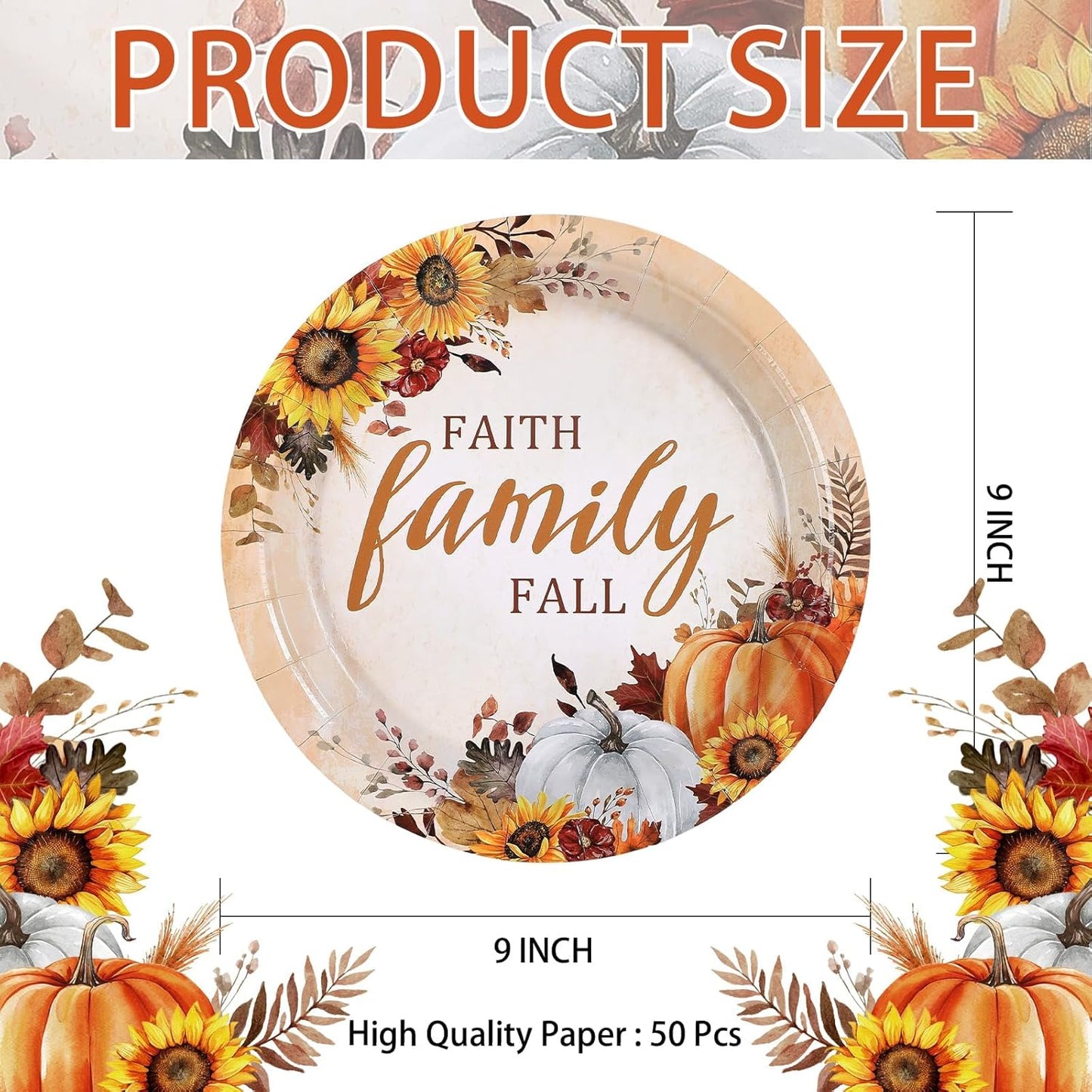 Grencian 50Pcs Fall Faith Family Party Plates 9in Disposable Heavy Duty Fall Pumpkin Sunflower Desert Paper Plates for Autumn Thanksgiving Harvest Reunion Party Decorations Serve 50