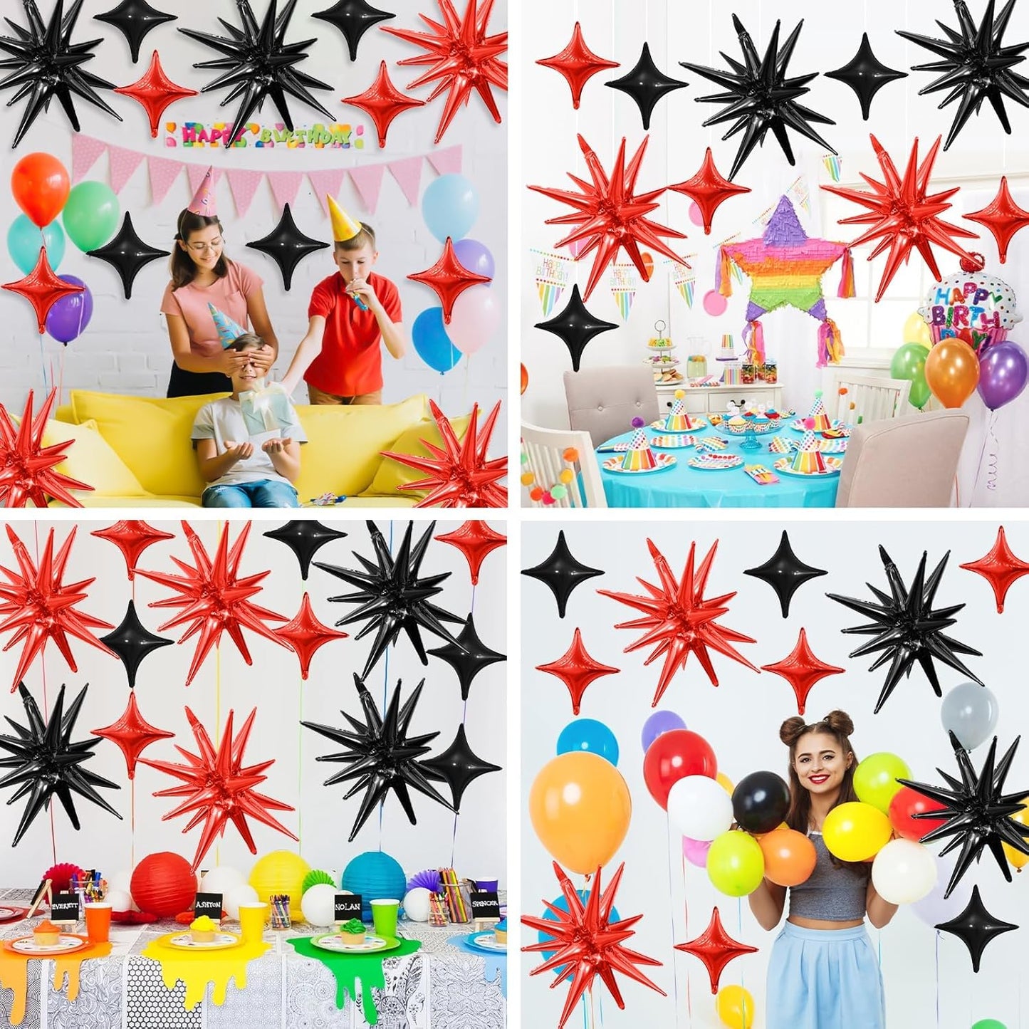 Black Red Star Balloon,6Pcs 22Inch Explosion Star Balloons and 10Pcs 10Inch Four Angle Balloons Kit for Halloween Birthday Anniversary Graduation Baby Shower Wedding Party Decorations