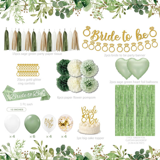 Sage Green Bachelorette Party Decorations, Bride to Be banner, Bridal Shower Decorations with Balloons,Bridal Sash, Paper Pompoms for Bachelorette Engagement Party favors
