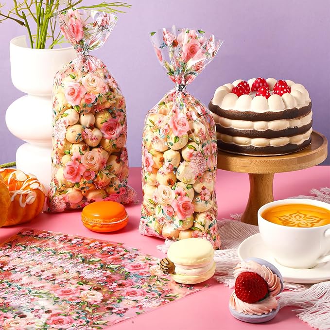 Outus 100 Pieces Party Cellophane Treat Bag Floral Candy Bags for Baby Shower Wedding Bridal Shower Supplies Favors Decorations Birthday Theme Floral Graduation Decor (Flowers)