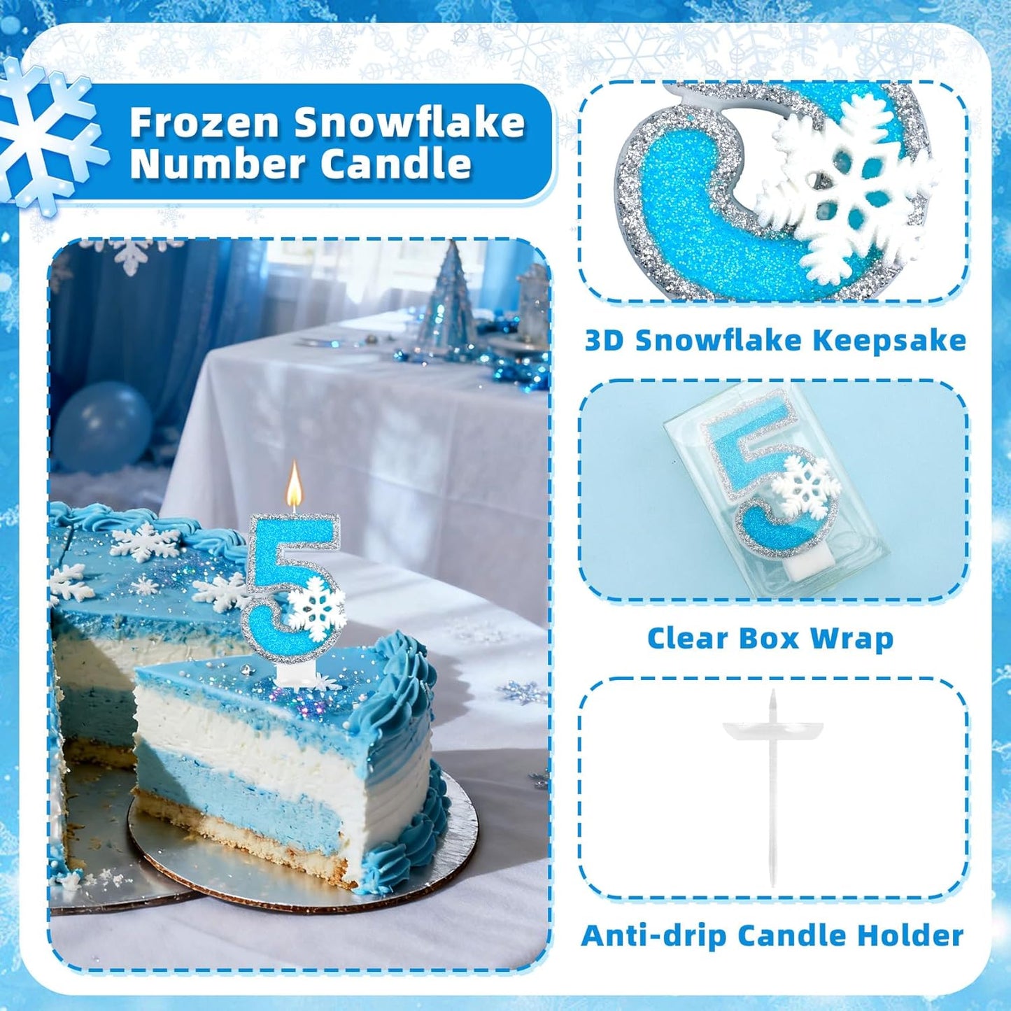 Frozen Themed Birthday Candles Party Decorations, Blue and Silver Number 5 Birthday Candle, Happy Birthday Candle for Cake, Snowflake Cake Topper Decoration for 5th 5 Year Old Party Favor Supplies