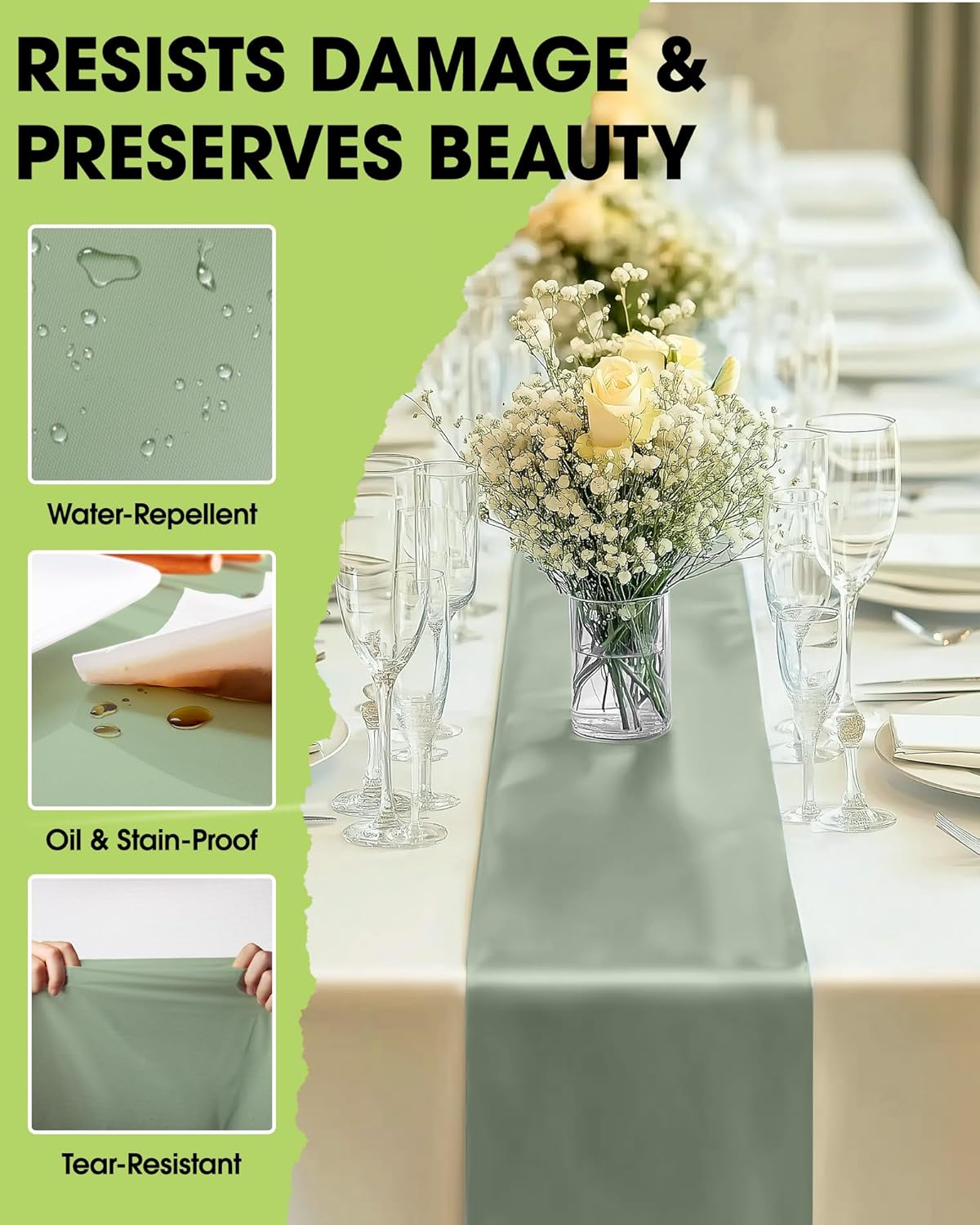 Pureegg Sage Green Plastic Table Runners - 12 Pack, 14'' x 108'', Water Resistant & Disposable Centerpiece Decorations for Table Cloth, Wedding, Birthday, Holiday, Baby Shower, Party, Home Decor