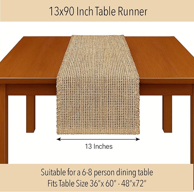 Chardin home Natural Jute Table Runner 13x90 Inch – Vintage Boho Rustic Table Decor – Handwoven Table Runner in Natural Jute and Brown – Farmhouse Dining or Console Table Accent