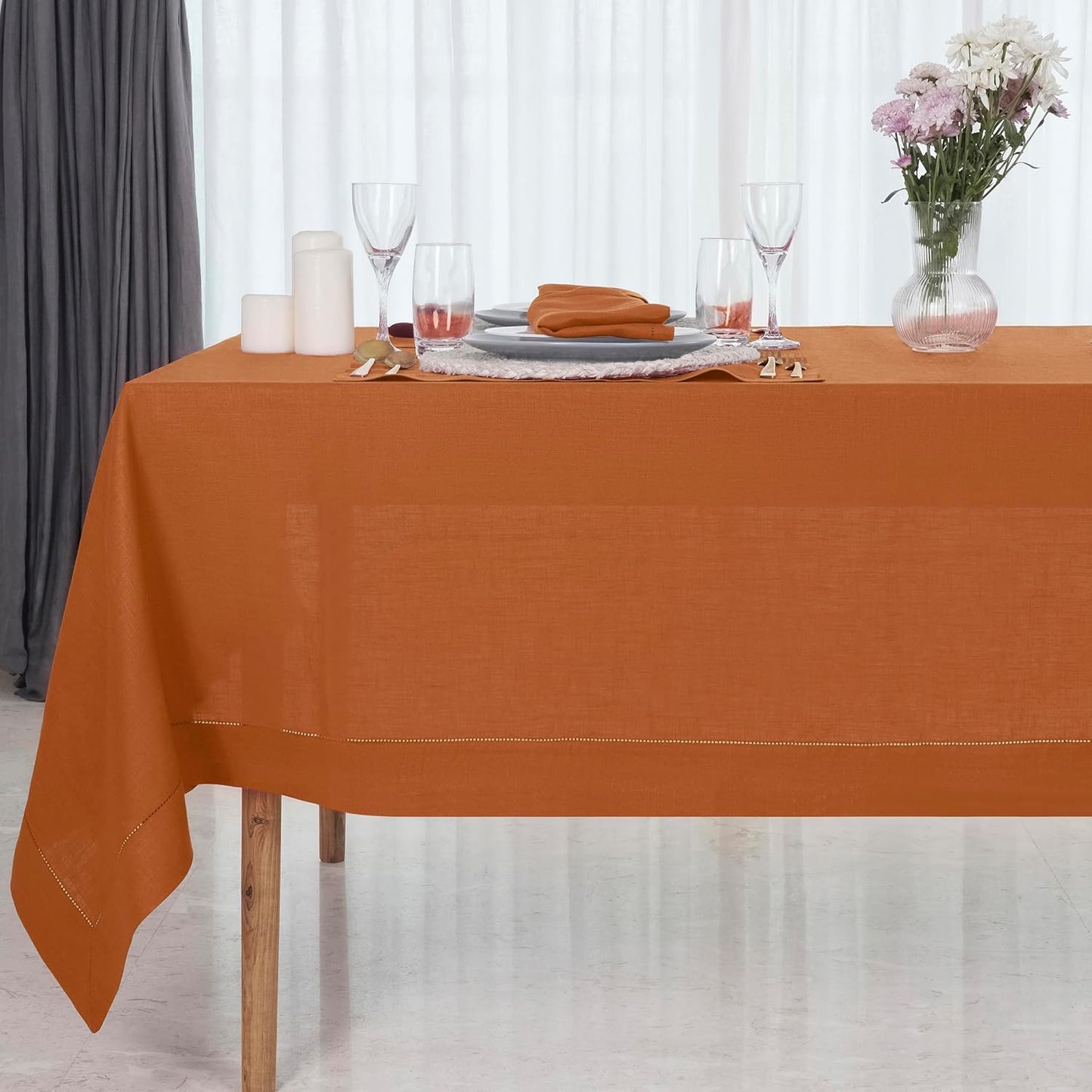 D'Moksha Homes Rust Linen Tablecloth for Rectangle Tables 60 x 144 Inch - 100% Pure Linen Rust Table Cloth - Classic Hemstitch, Machine Washable Dining Tablecloth for Thanksgiving, Holiday