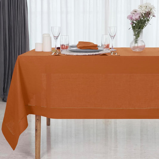 D'Moksha Homes Rust Linen Tablecloth for Rectangle Tables 60 x 90 Inch - 100% Pure Linen Rust Table Cloth - Classic Hemstitch, Machine Washable Tablecloth for Fall, Halloween