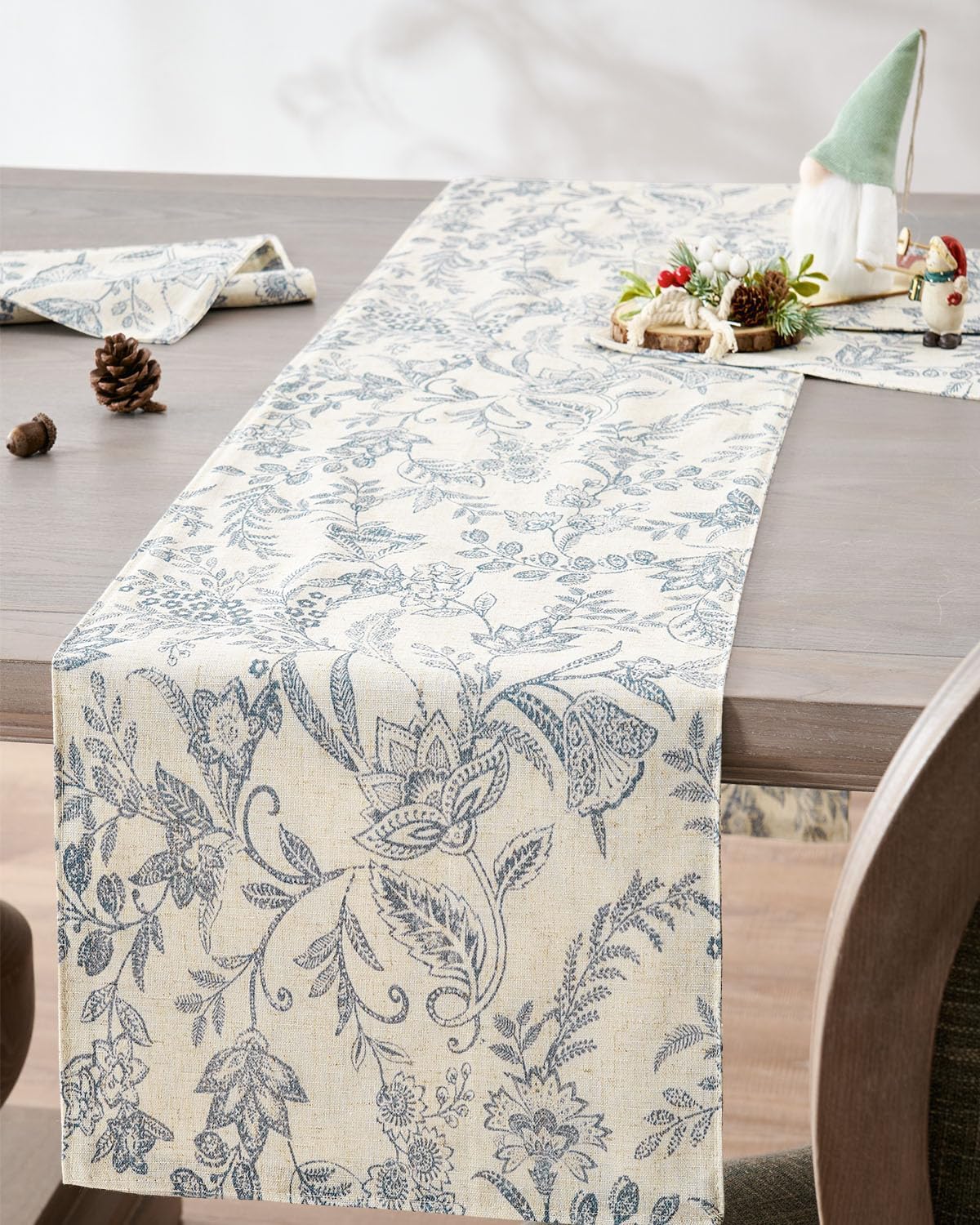 jinchan Spring Table Runner Linen Farmhouse Table Cloth Blue Floral Decorative 72 Inch Botanic Printed Burlap Handcrafted Flax Coffee Table Decor 1 Panel Blue on Beige