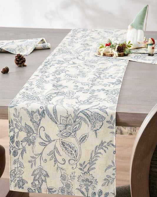 jinchan Spring Table Runner Linen Farmhouse Table Cloth Blue Floral Decorative 72 Inch Botanic Printed Burlap Handcrafted Flax Coffee Table Decor 1 Panel Blue on Beige