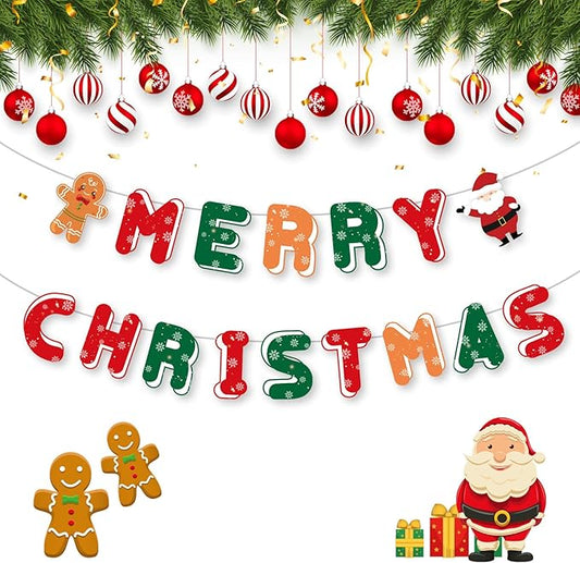 Merry Christmas Decorations Banners - Paper Christmas Banner, Santa Claus Reindeer Sign Garland Backdrop for Winter Xmas Indoor Outdoor Home Office Fireplace Wall Party Decor Supplies Favors Props