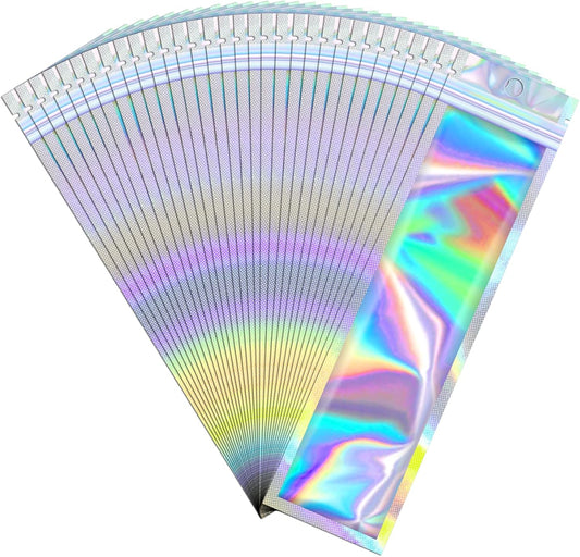 100 Pcs Mylar Bags - Holographic, Smell Proof, Resealable with Clear Window - Sealable for Pen, Brushes, Jewelry, Candy, Necklaces (2.4x9in)