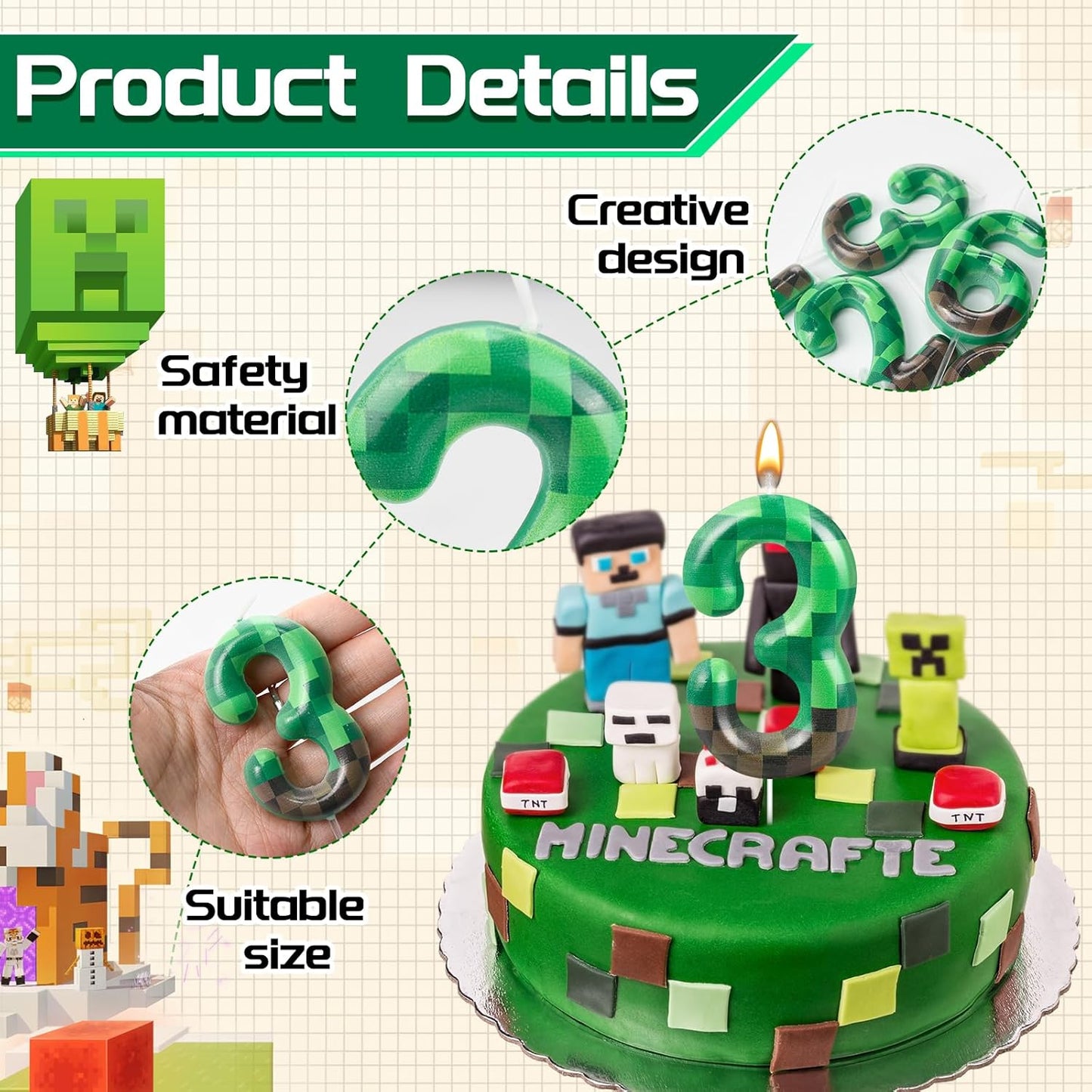 TNT Themed Birthday Cake Candle Number 3 Dynamite Themed Green Candle Cake Topper for Pixel Theme Birthday Party Decoration
