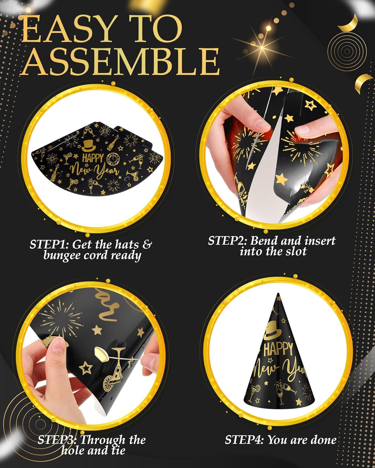 Cuffbow 300 Pcs 2026 New Years Eve Party Supplies Include Happy New Year Cone Hat Headband Tiara Metallic Fringed Party Blowers Noise Makers Horns Leis Hair Hoop Favors Decorations(Black Gold)