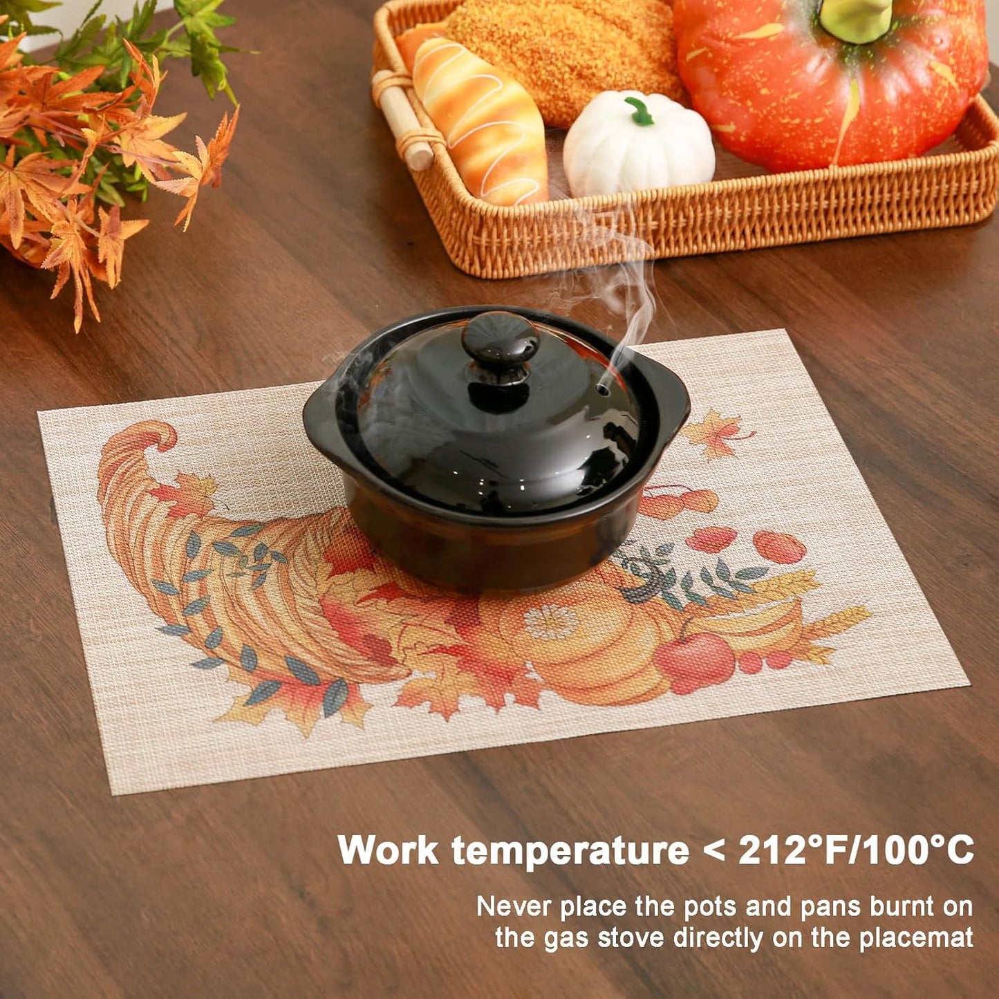 Thanksgiving Placemats Set of 4 Fall Place Mats Pumpkin Maple Leaves Table Mats Washable Non-Slip Heatproof Woven Placemats for Dining Table (17.7" X 11.8")