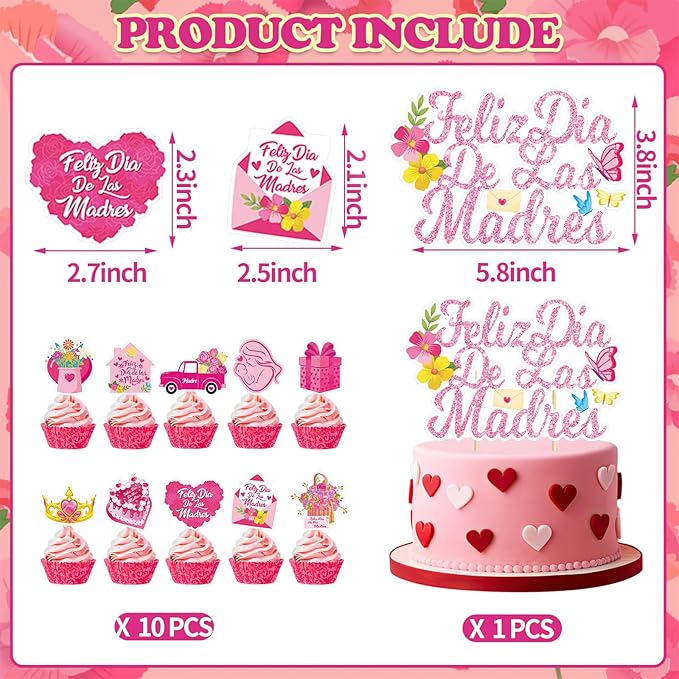 Feliz Día de las Madres Decorations Kit - Feliz Día de las Madres Banner,6 Hanging Swirl Banners, 15 Printed Latex Balloons and Cake Topper for Mexican Mother's Day Party