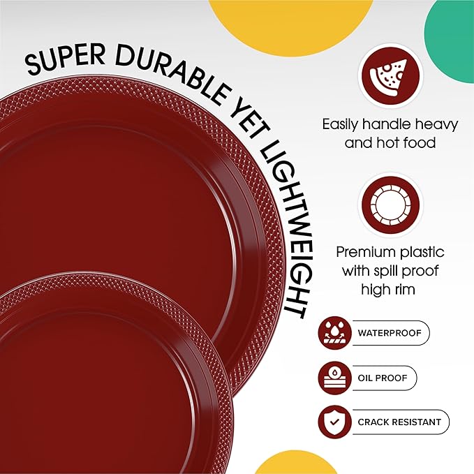 Party Solids Burgundy Plastic Plates For Party Supplies, Burgundy Disposable Plates 100 Pieces - 50-7" & 50-9" Heavy Duty 350 GSM Disposable Dinnerware Sets, Plastic Dinnerware Sets