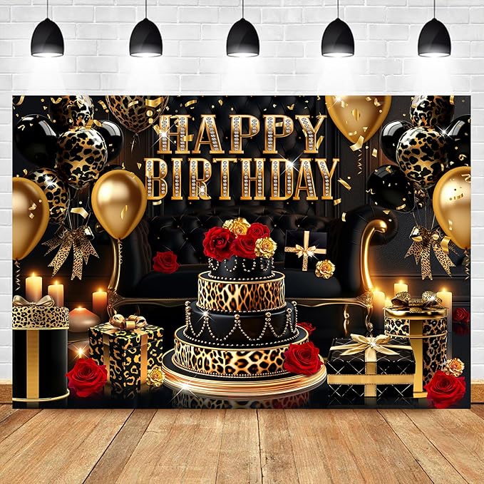 Homewelle Happy Birthday Backdrop for Women 7Wx5H Feet Black Gold Leopard Print Cheetah Balloon Banner Decoration Red Rose Party Celebration Photography Background Photo Shoot Props Polyester Fabric