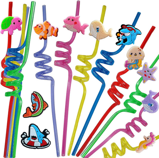 24 Bulk Ocean Aniamls Reusable Plastic Straws, Drink Straws Birthday Summer Activity.Hoilday Student Show Party Supply Favors
