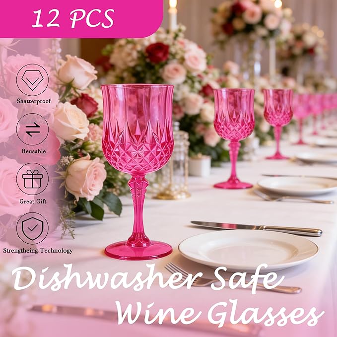 Plastic Wine Glasses, Plastic Goblets Vintage Style Cordial Unbreakable Drinking Glasses, Reusable Drinkware for Wedding Reception, Grand Event Party Supplies, Easter (12, Hot Pink)