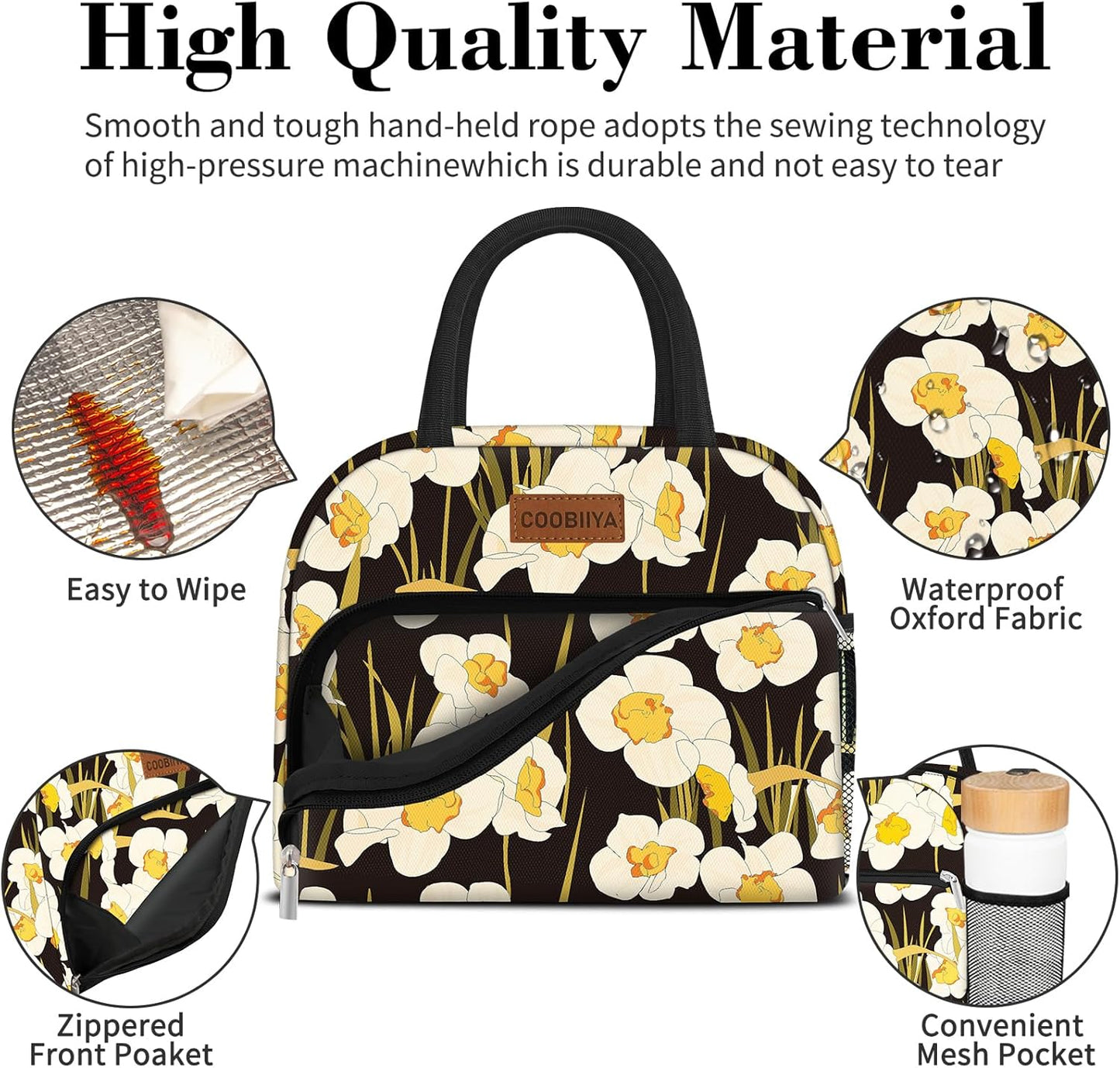 Coobiiya Lunch Bag Women, Daffodil Lunch Bag for Women Adult, Small Leakproof Cute Lunch Box Tote Large Capacity Reusable Insulated Cooler Lunch Container for Work/Office