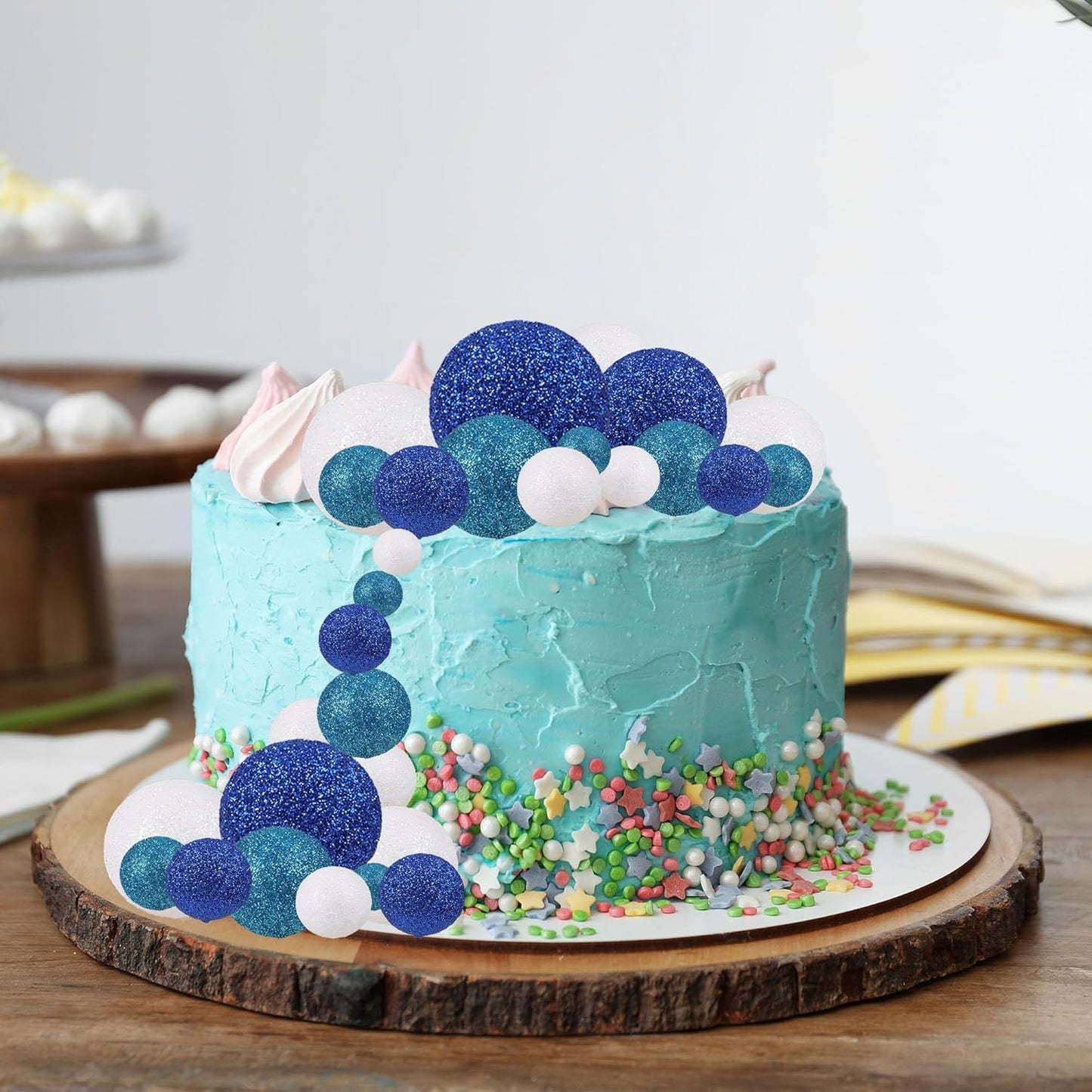30Pcs Glitter Balls Cake Topper Foam Ball Cake Picks Mini Balloon DIY Cake Insert Topper Decoration for Baby Shower Wedding Anniversary Birthday Graduation Party Cake Decorations White Blue Deep Blue