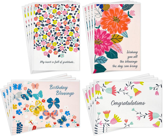 Hallmark Religious Spring Flowers and Butterflies Card Assortment (16 Cards with Envelopes) for Thank You, Congrats, Birthday