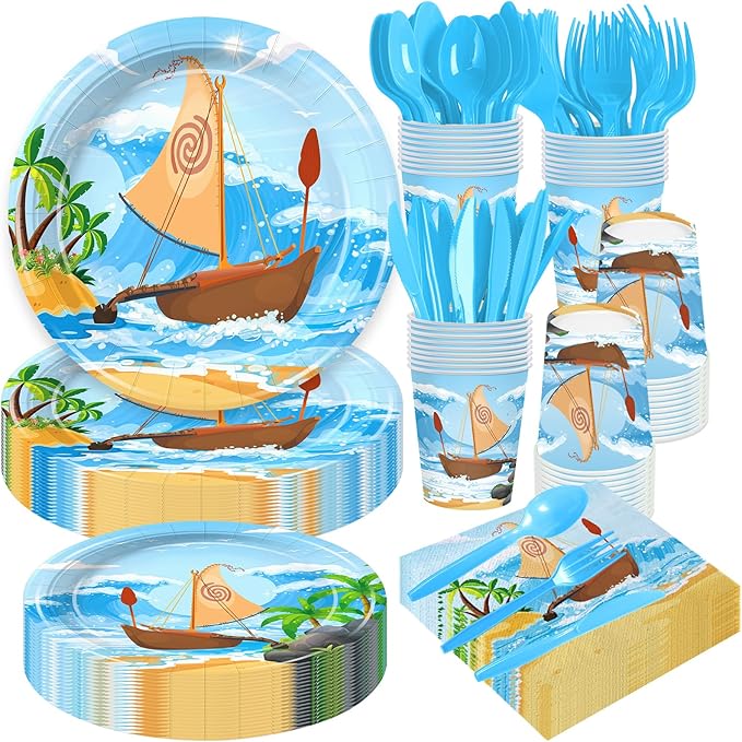 168Pcs Ocean Girl Party Decorations Cartoon Party Supplies Hawaiian Theme Birthday Decorations Paper Plates and Napkins Cups Tableware Set for Girls Boys