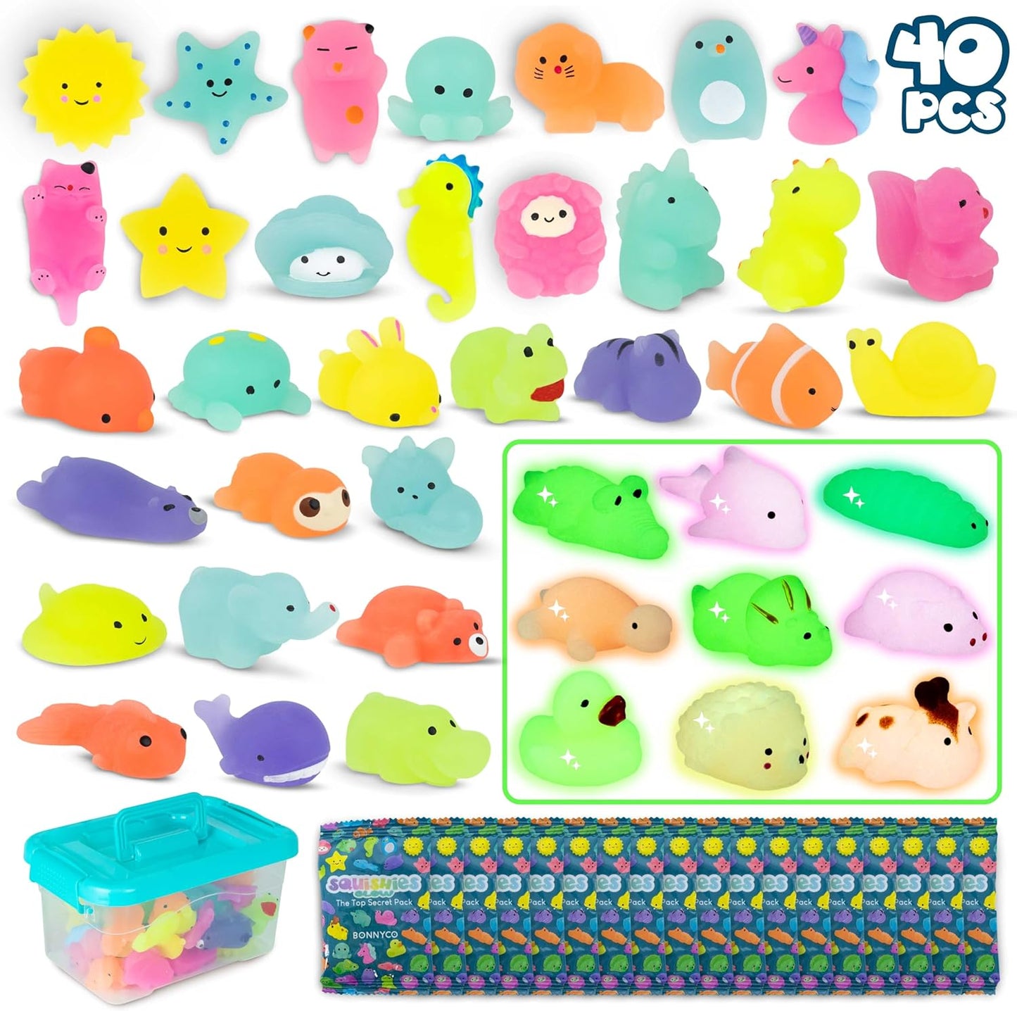 BONNYCO Mochi Squishy Toys Bulk for Kids Party Favors Pack 40. Goodie Bags Stuffers for Kids with Glow in The Dark, Return Gifts Birthday Party. Squishy Fidget Toys, Pinata Stuffers Birthday Kawaii