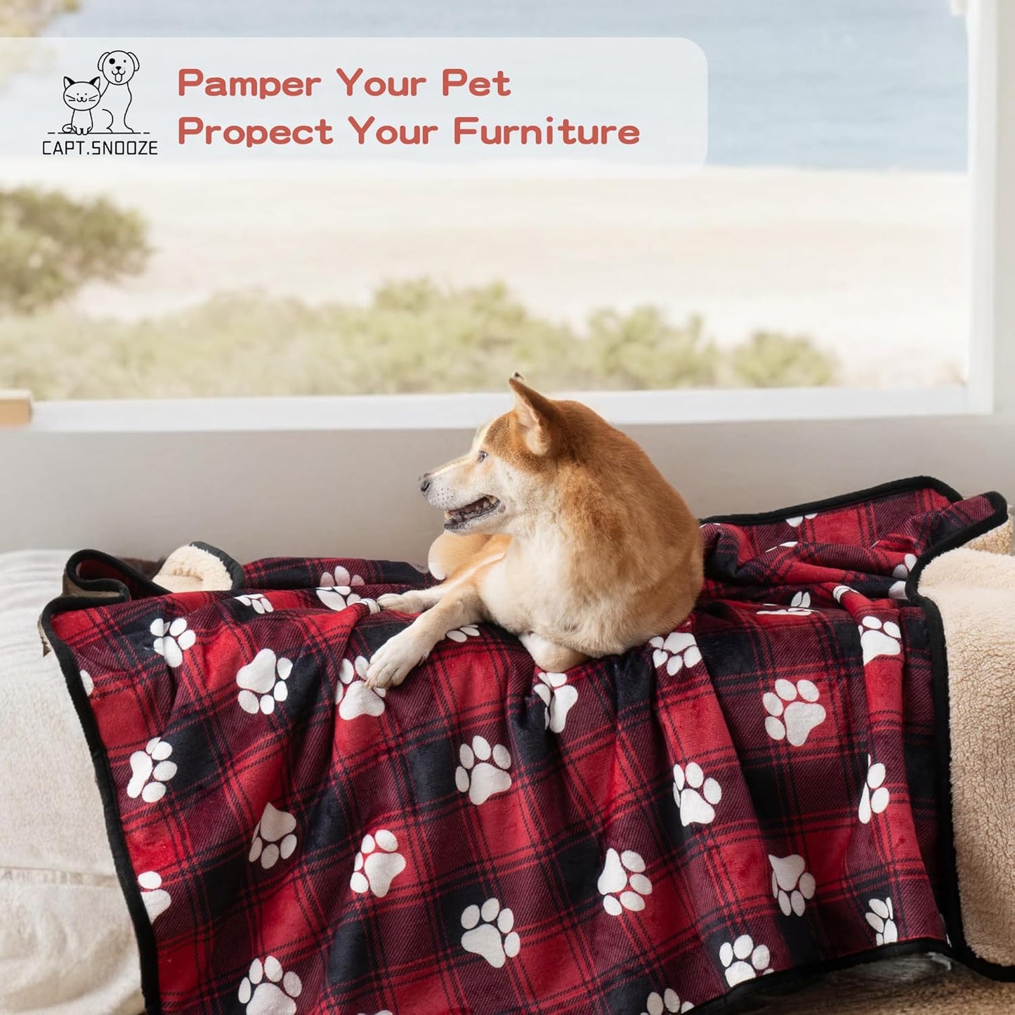 Waterproof Dog Blankets Pet Blanket 50"x60", Soft Fluffy Sofa Car Bed Protector, Reversible Sherpa Fleece Dog Blanket for Large Dogs Christmas Decor(Paw Red)
