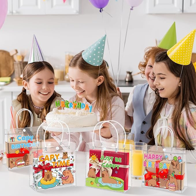 H1vojoxo Capybara Birthday Gift Bags - 24PCS Capybara Clear PVC Gift Bags with Handle 7.9x3.2x7.9 Inches Reusable Capy Time PVC Gifts Wrap Bag Just Be Cappy Tote Bag for Birthday Party Favor Supplies