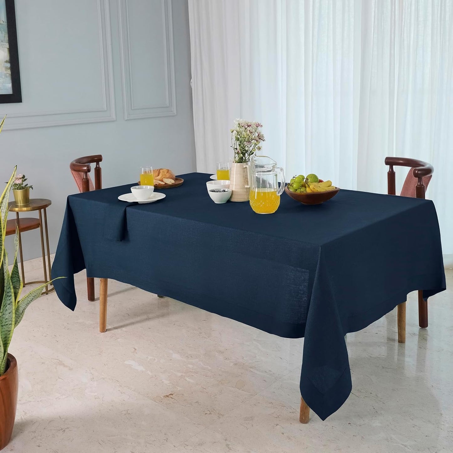 D'Moksha Homes Linen Tablecloth 60 x 90 Inch - 100% Pure Linen Navy Blue Tablecloth for Rectangle Tables - Machine Washable Table Cloth for Fall, Autumn and Halloween