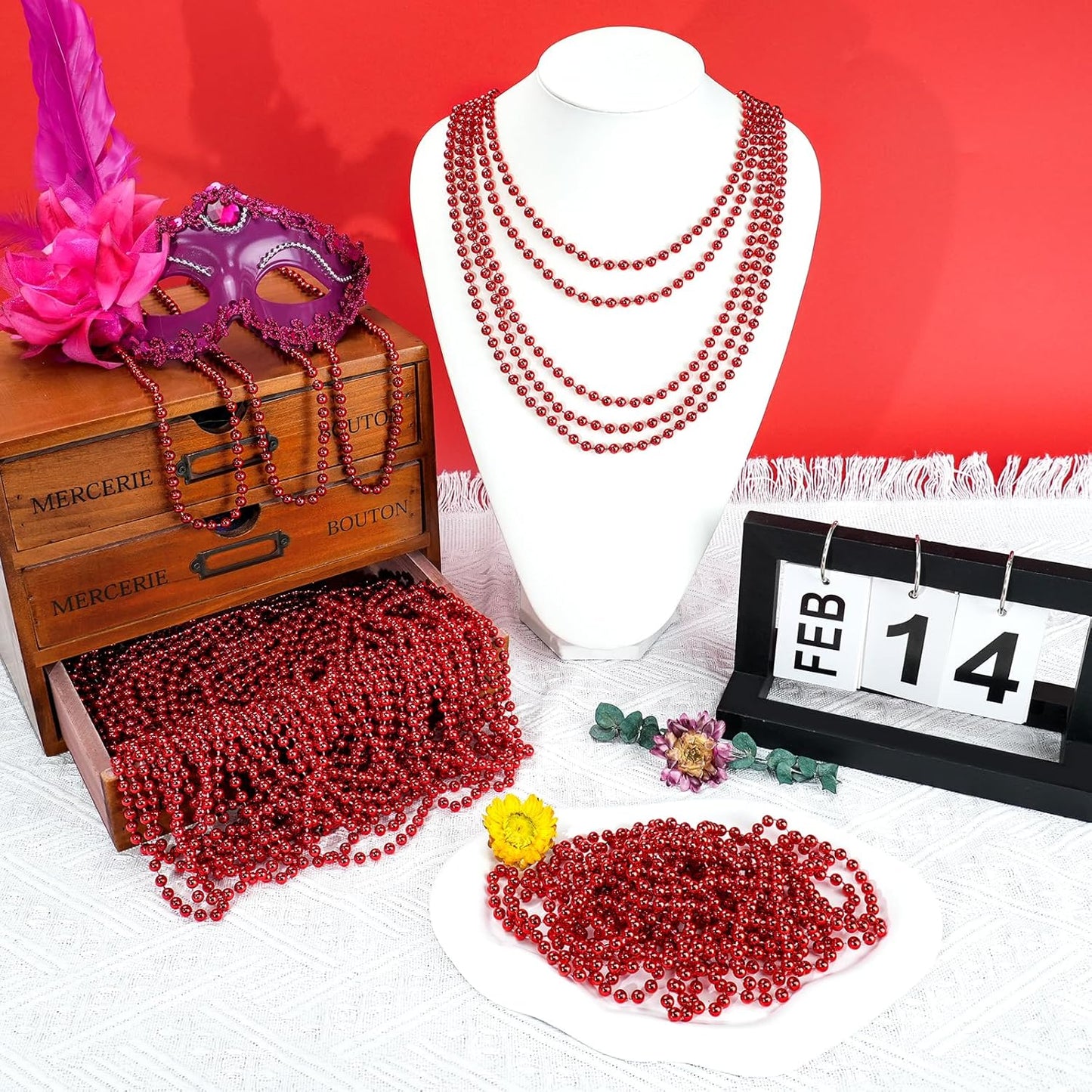 SHAOQINLIN 144 PCS Red Mardi Gras Beads, Christmas Beaded Necklace, Red Valentine Necklace, 4th of July Necklaces, 33'' Party Beads for Patriotic Day, Mardi Gras, Christmas Party Favors